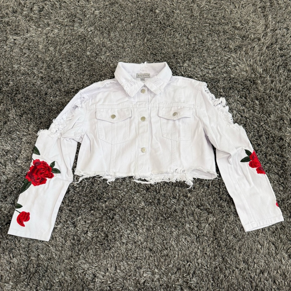 36point5 Cropped Denim Jacket with Red Rose Embroidery in White, Size L